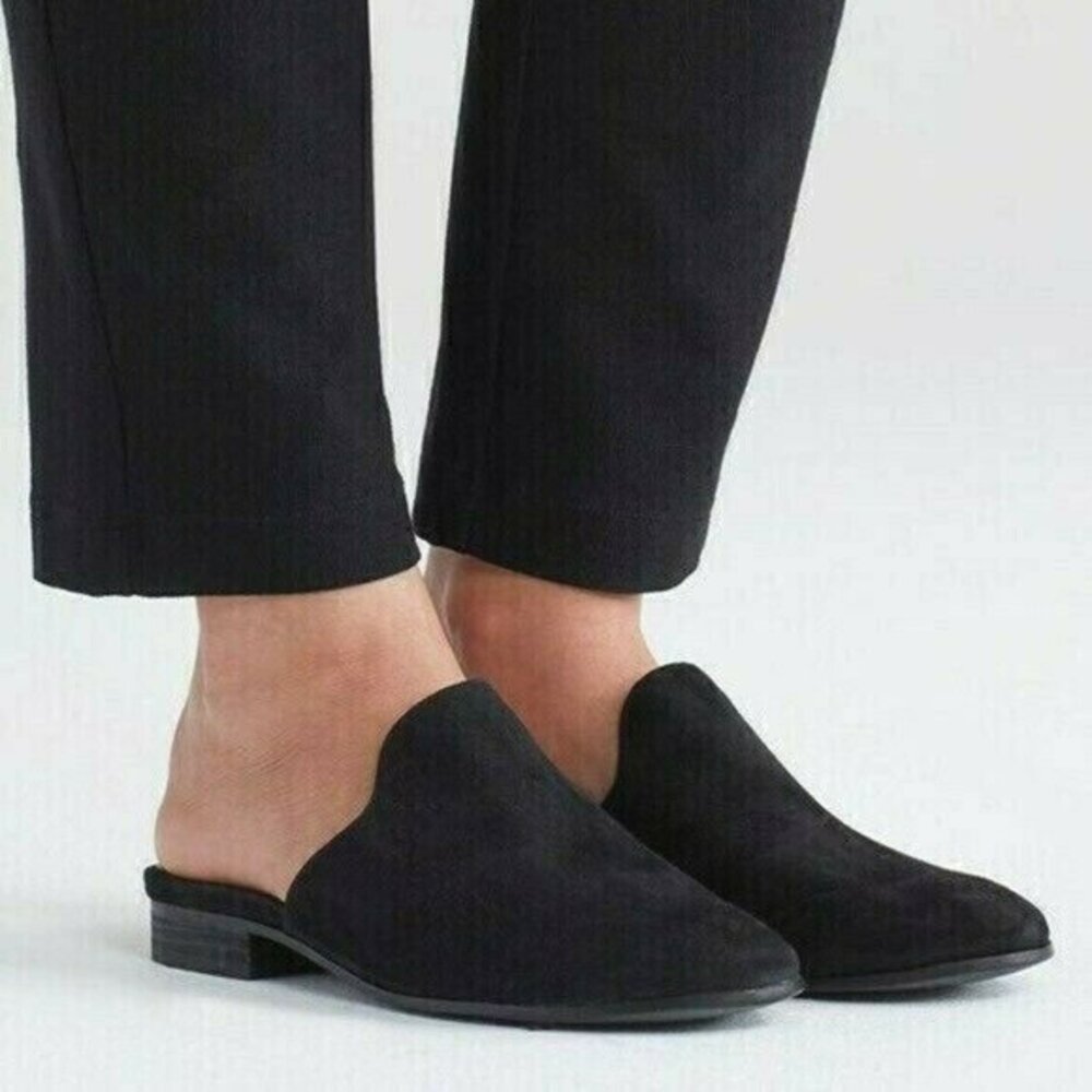 Eileen Fisher Dion Suede Flat Mule Leather Loafer Slides Slip-on Black Women 6.5